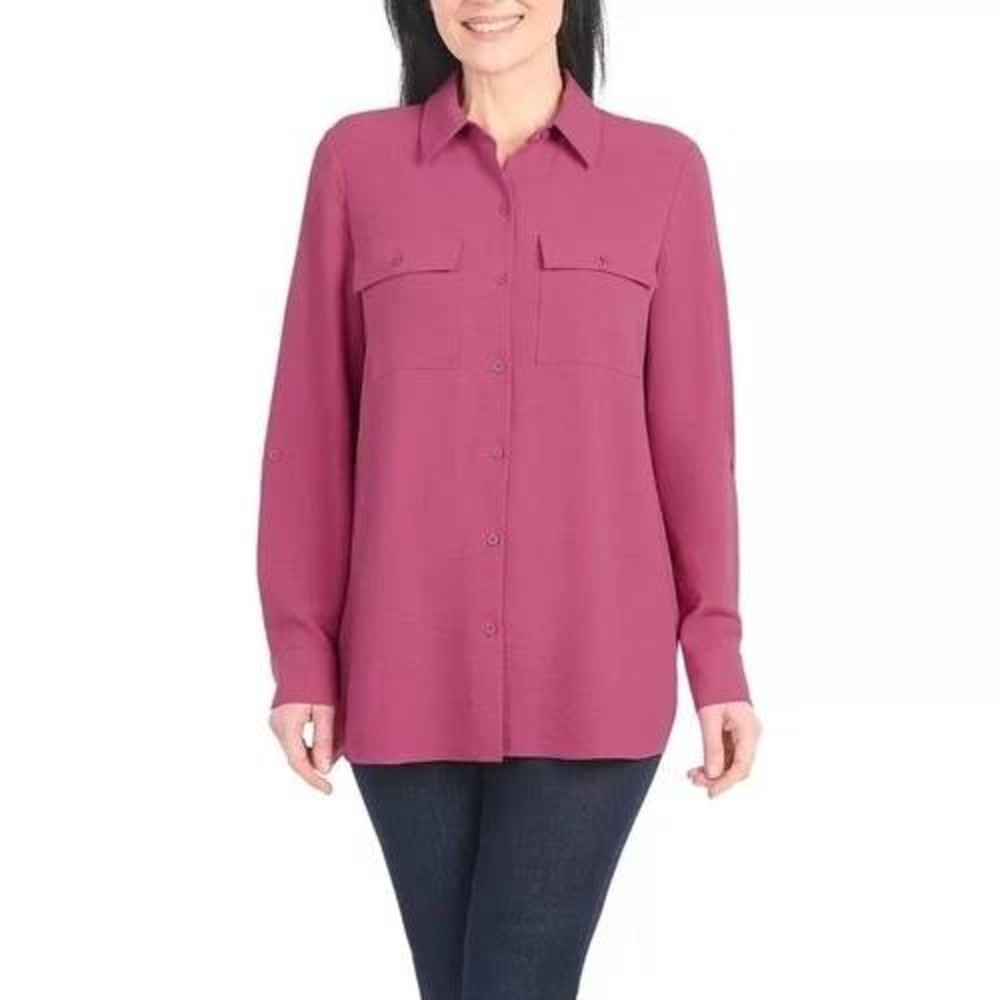 Hilary Radley Womens XL Dark Pink Button Front Roll-Tab Sleeve Blouse Shirt NEW